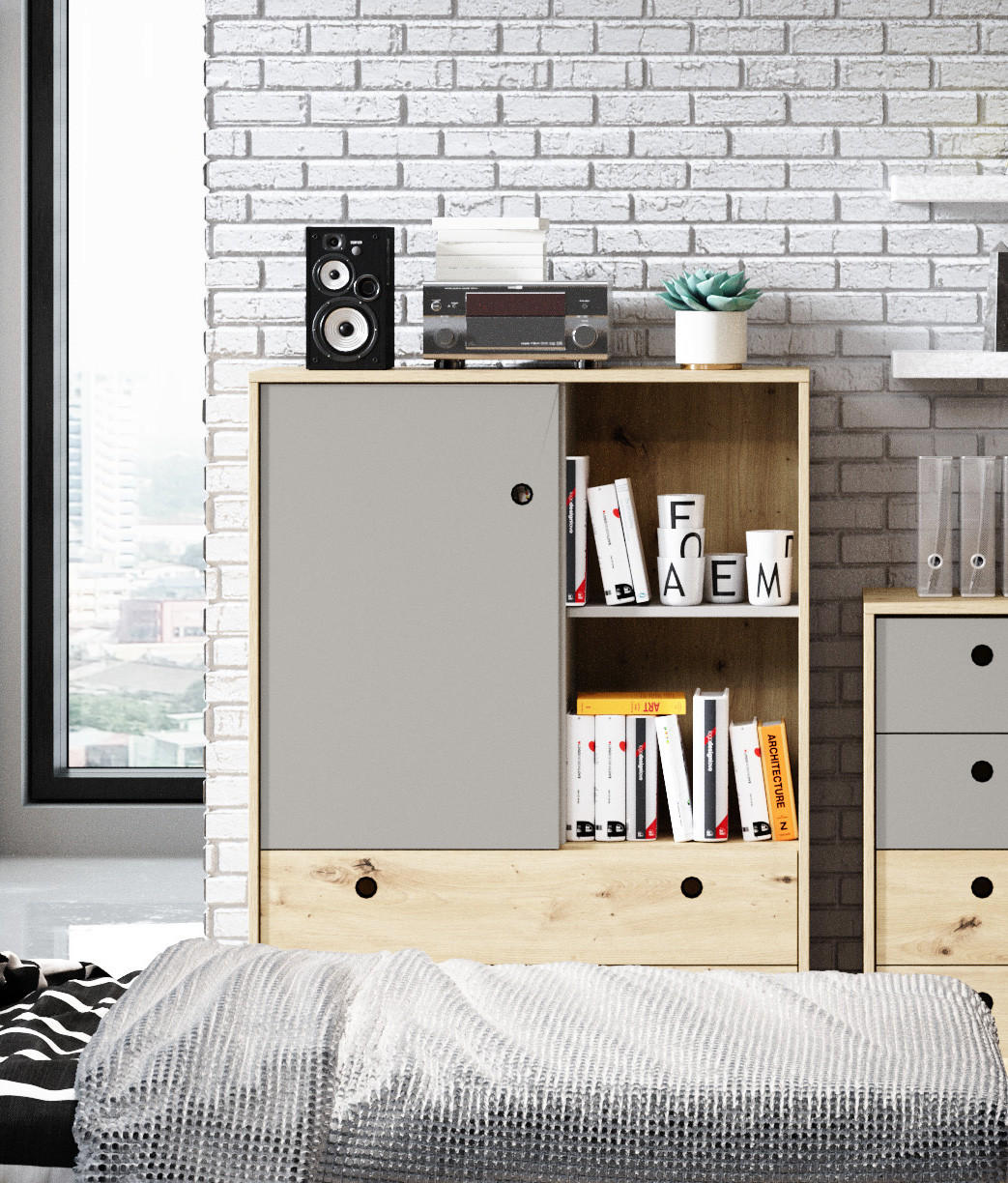 KOMMODE Kuki Bernstein Eiche / Platingrau 90 / 40 / 117 cm - Braun/Grau, Holz/Holzwerkstoff (90/117/40cm) - Feldmann-Wohnen