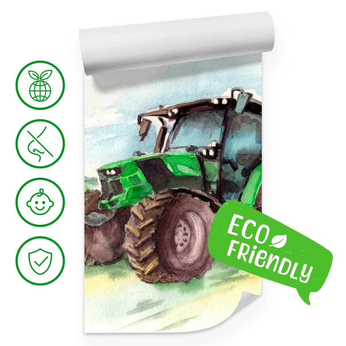 FOTOTAPETA Pre Detskú Izbu Akvarel Zelený Traktor Pole 350 x 256 cm - hnedá/čierna, papier (350/256cm) - Muralo