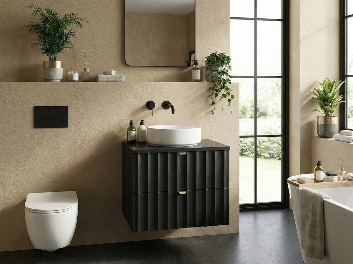 WASCHBECKENUNTERSCHRANK Azore 2 Schubladen Schwarz Matt - 60 x 46 x 52 cm - Schwarz, Holz (60/46/50cm) - Badplaats