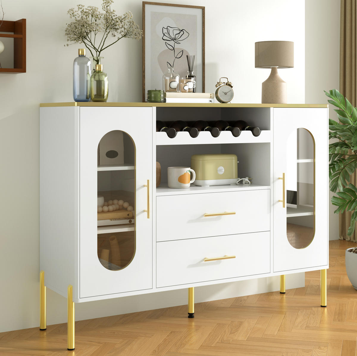 SIDEBOARD mit Glasfronten und integriertem Weinregal, 120/38/90 cm, Weiß mit goldenen Akzenten - Weiß, Holzwerkstoff (120/90/38cm) - Redom