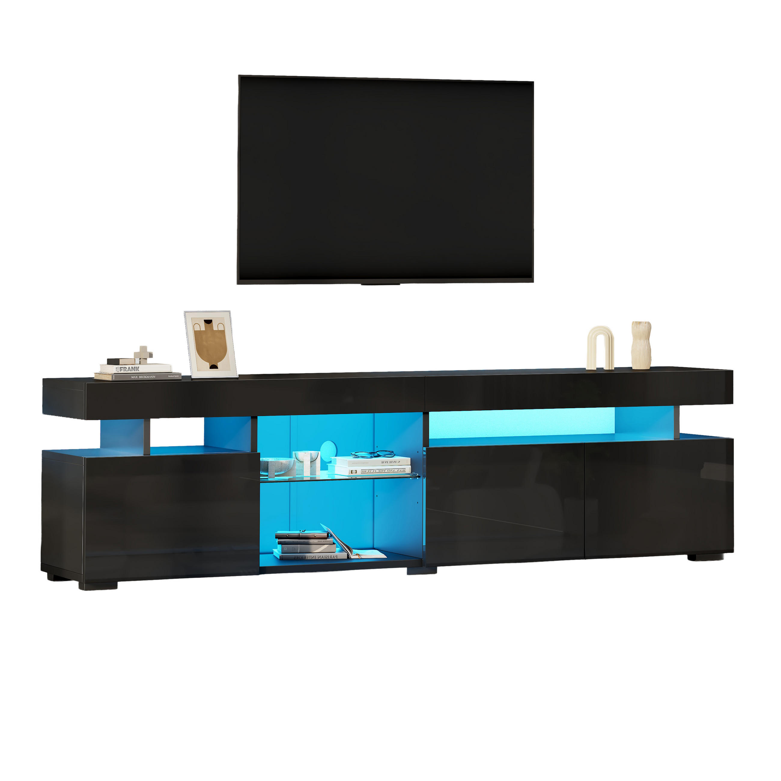 LOWBOARD in Schwarz Hochglanz-TV-Schrank mit verstellbaren Einlegeböden für Fernseher bis ca. 80 Zoll, B180/T35/H45 cm - Schwarz, Glas/Holzwerkstoff (180/45/35cm) - STILVORA