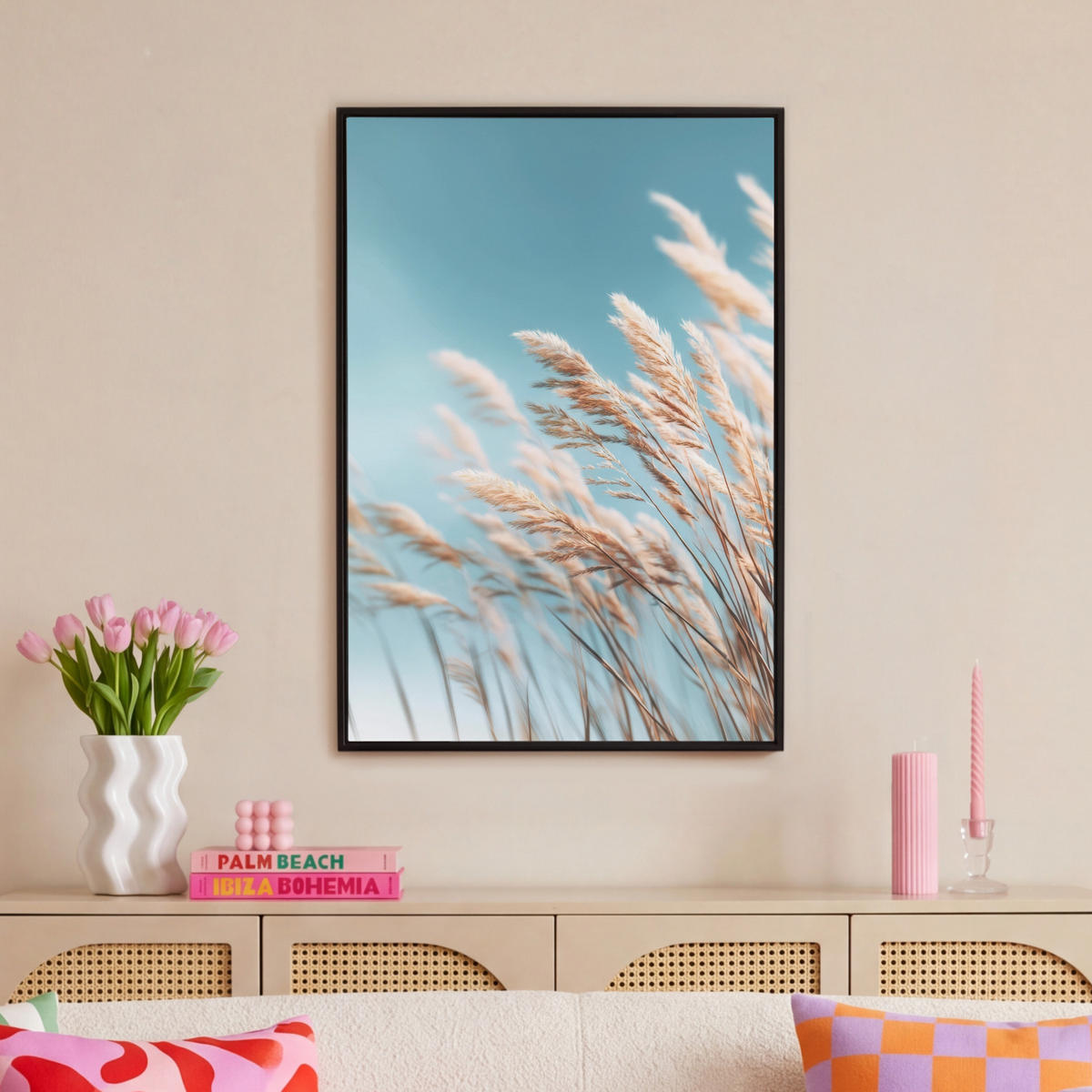 LEINWAND Bilder mit Rahmen - Ziergras - Wind - Hellbraun - 60x90 - Hellblau, Textil (60/90cm) - MuchoWow