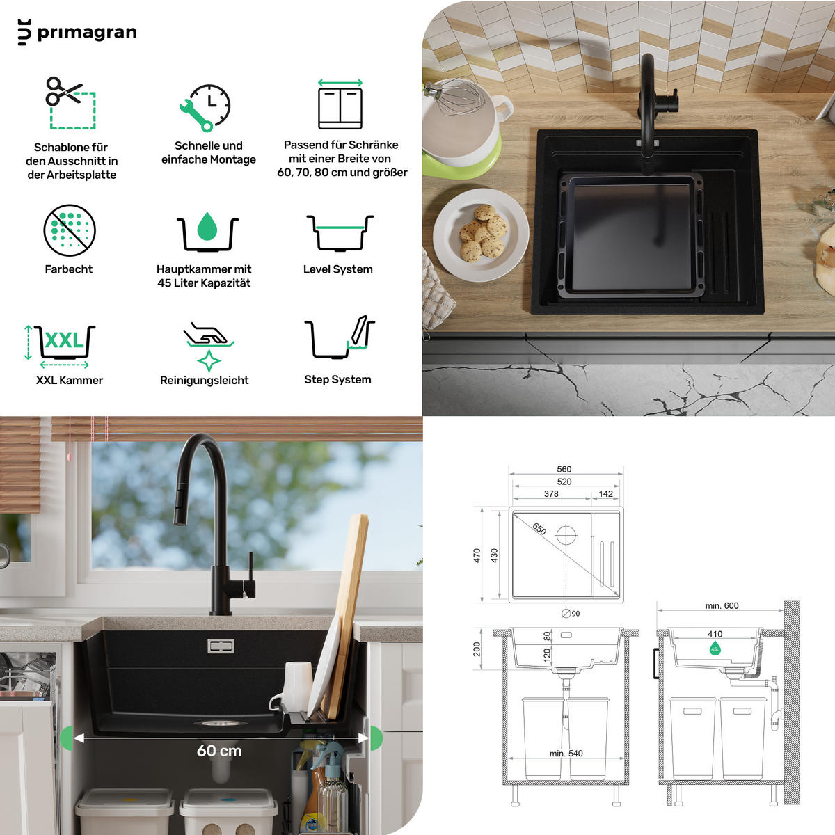 SPÜLBECKEN Praga Slim, 2-er set Weiß 56/47 cm 1 Becken + Ablauf-Set + Aufrollbare Abtropffläche ab 60er Unterschrank - Chromfarben/Weiß, Kunststoff (56/20/47cm) - Primagran