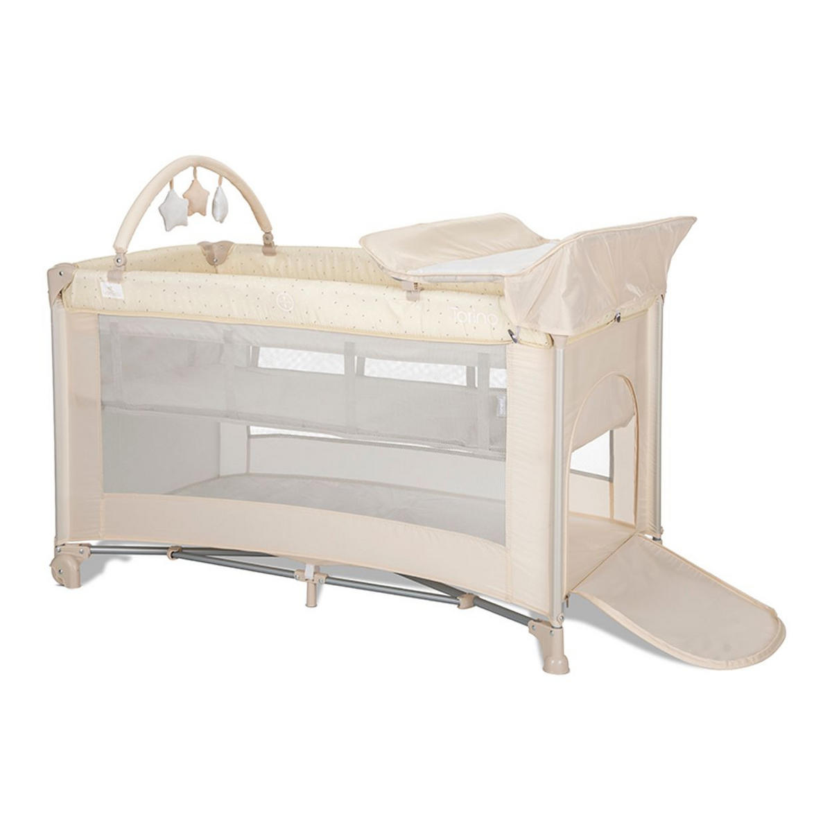 REISEBETT Torino plus 2 creme Wickelauflage Spielbogen Räder faltbar - Beige, Kunststoff (70/127cm) - Lorelli