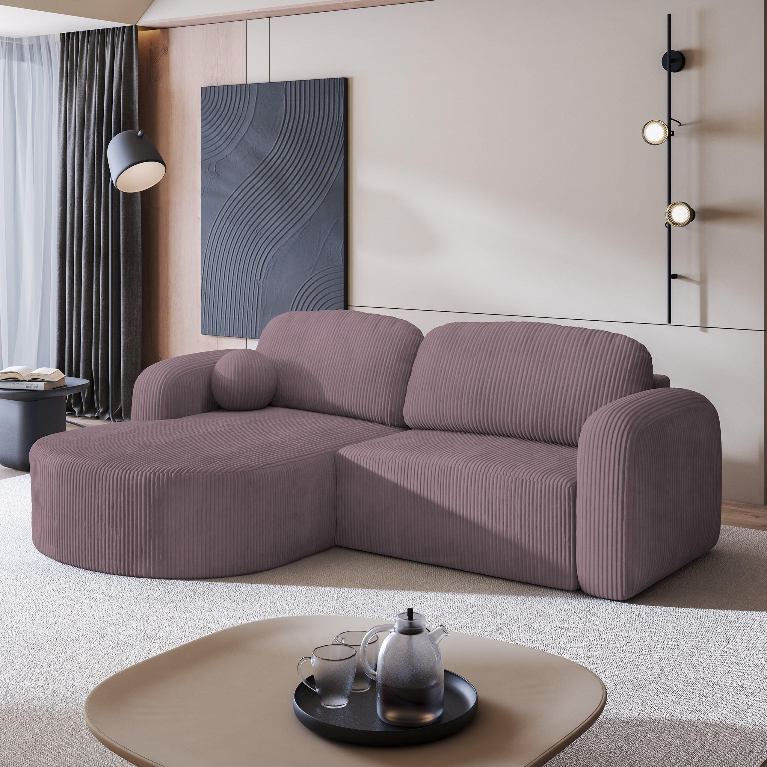 ECKSOFA AMILIA P L-S Lila Kordstoff mit Schlaffunktion - Lila, Holz (263/174cm) - MASSENO