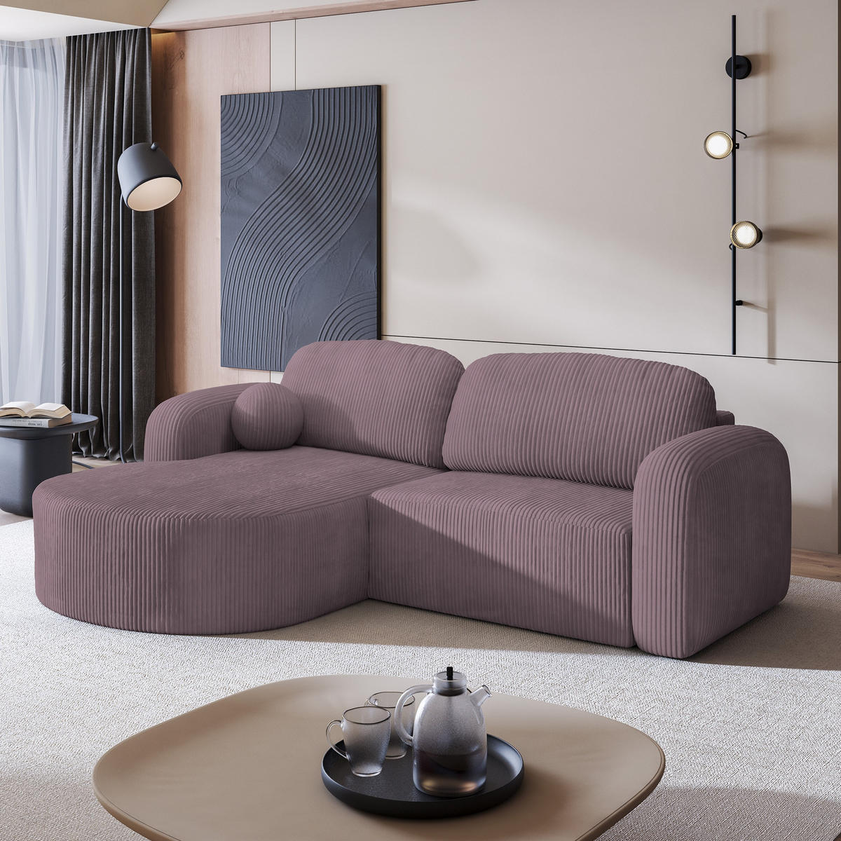 ECKSOFA AMILIA P L-S Lila Kordstoff mit Schlaffunktion - Lila, Holz (263/174cm) - MASSENO