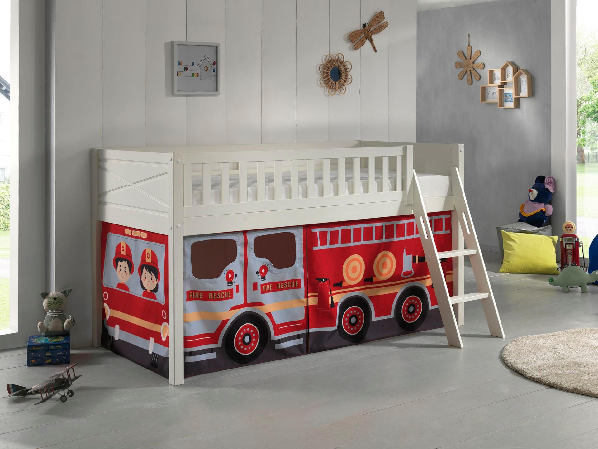 KINDERBETT Karyl 208x114x135 Massivholz Weiß Textilset Feuerwehr - Weiß/Dunkelrot, Holz (90/200cm) - 58aufmkessel