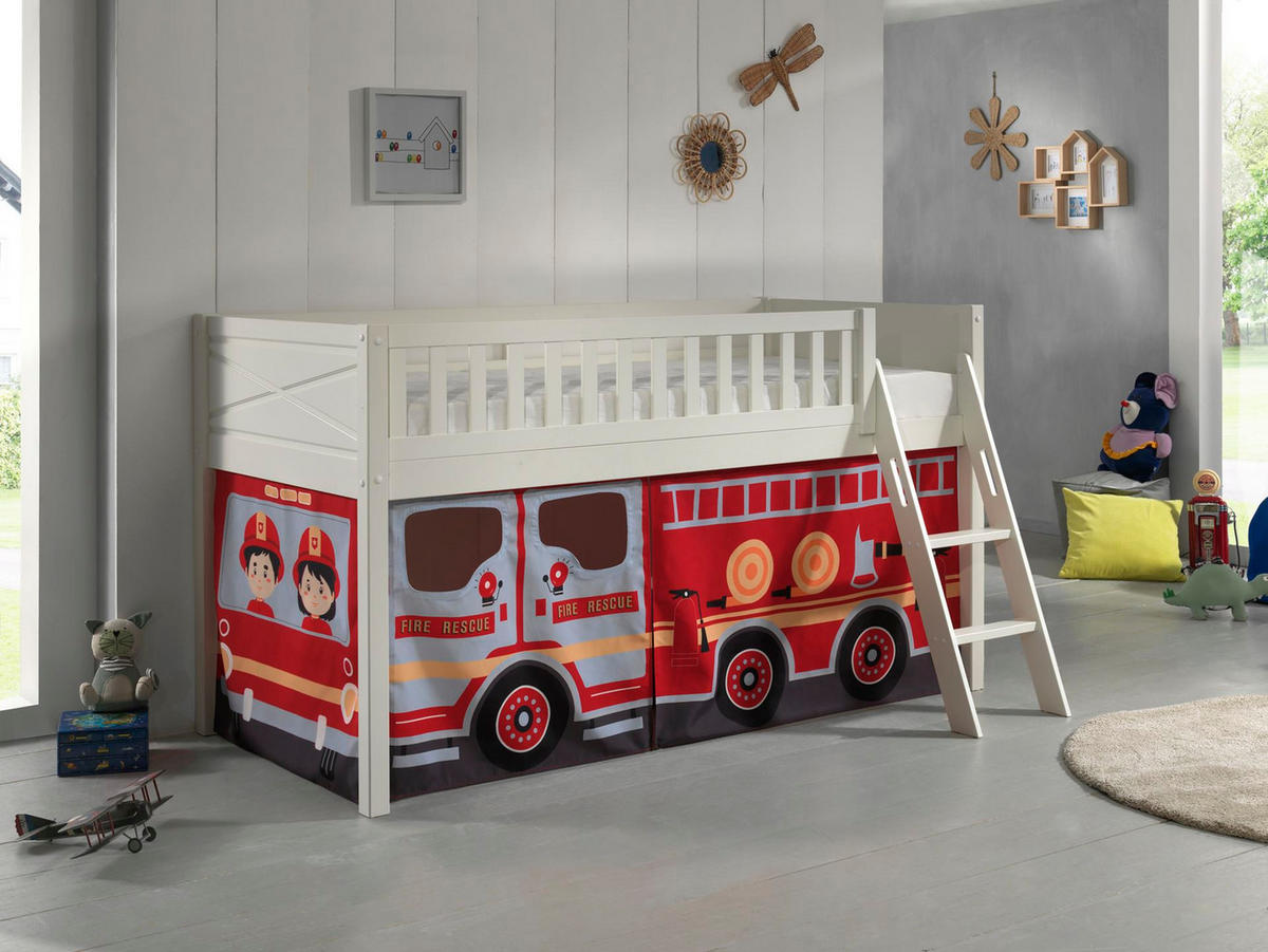 KINDERBETT Karyl 208x114x135 Massivholz Weiß Textilset Feuerwehr - Weiß/Dunkelrot, Holz (90/200cm) - 58aufmkessel
