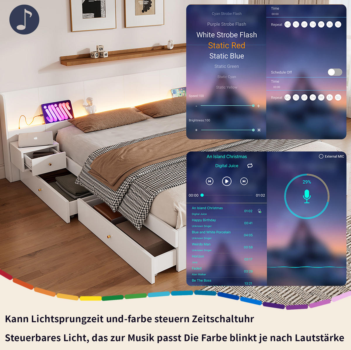 DOPPELBETT 180/200 cm mit USB-Anschlüssen, Steckdosen, LED-Beleuchtung und 2 Nachttischen mit Schubladen, Weiß - Weiß, Holzwerkstoff (180/200cm) - Redom