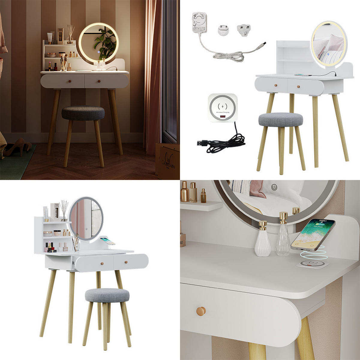 SCHMINKTISCH Edda Weiß 80 cm mit LED-Spiegel und QI-Ladestation - Weiß, Holzwerkstoff (80/121/40cm) - Vicco