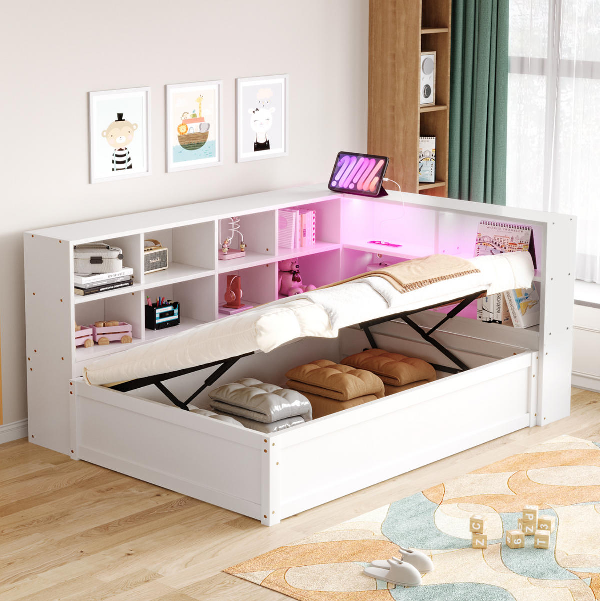BETT 90/200 cm mit Kopfteil, Stauraum und LED-Leiste in Weiß - Weiß, Holz (90/200cm) - BEAOK