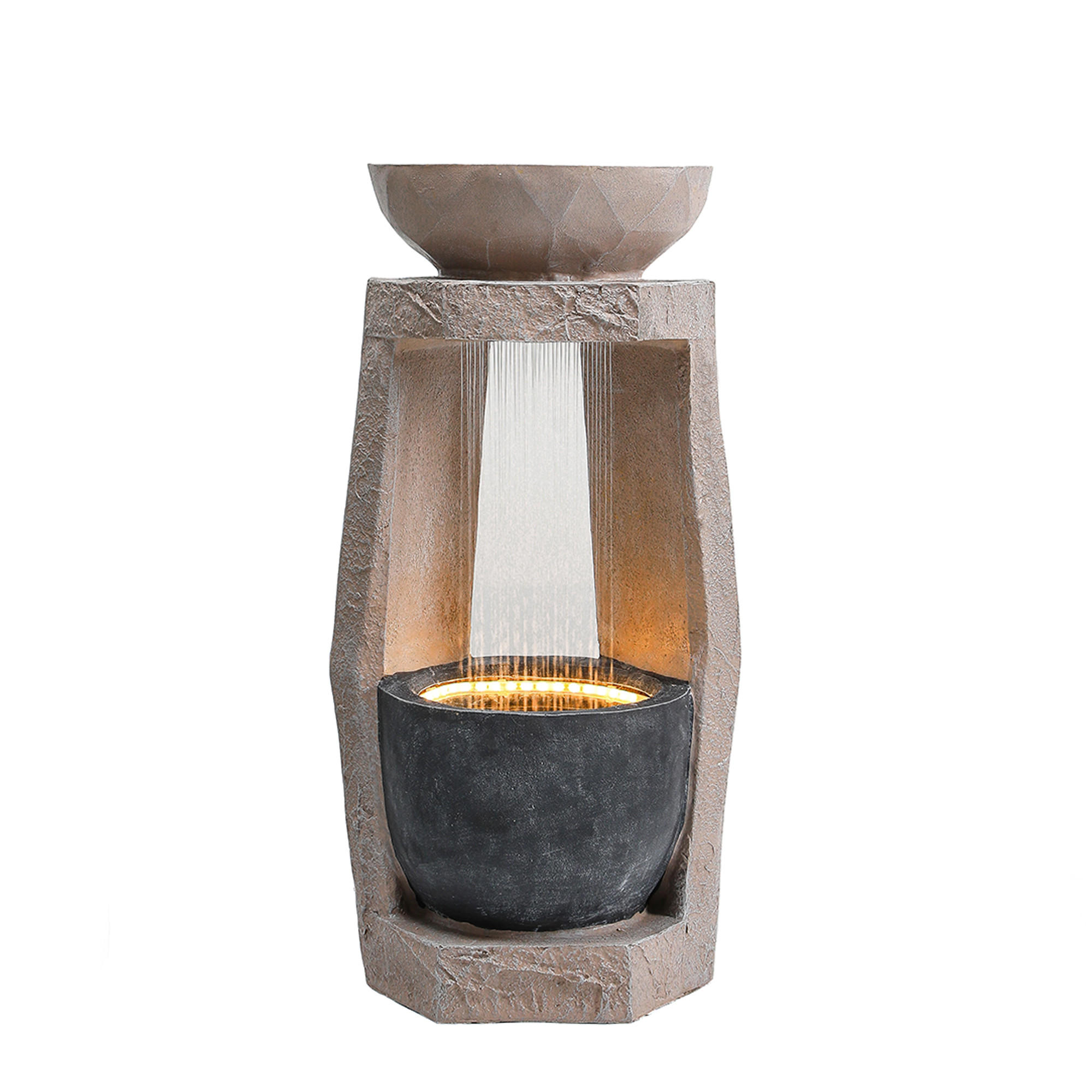 GARTENBRUNNEN, LED-Beleuchtung, Kunststein, Wasserspiel, Beige - Beige, Naturmaterialien (36.5/36/81.5cm) - FLIEKS