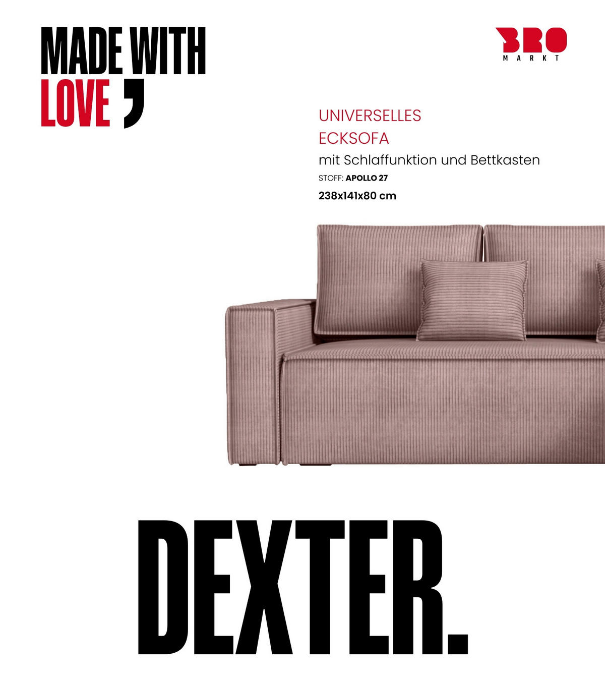 ECKSOFA Dexter mit Schlaffunktion Puderrosa Cord - Rosa, Textil (238/141cm) - Bromarkt