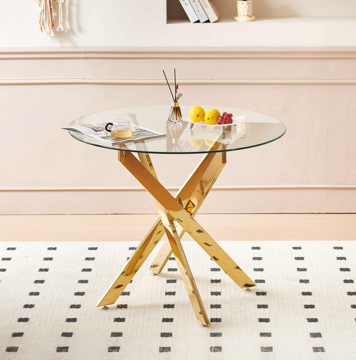 ESSTISCH 80/75 cm in Gold mit Glasplatte und Metallgestell - Goldfarben, Metall (80/80/75cm) - Flora Grace
