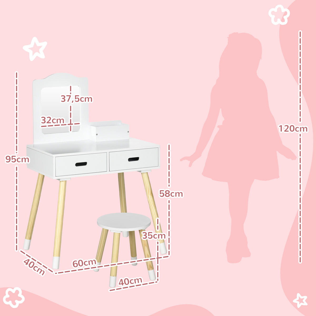 KINDERSCHMINKTISCH DE-18631 Weiß/Holz - Weiß, Holzwerkstoff (40/95/60cm) - ComfortXL