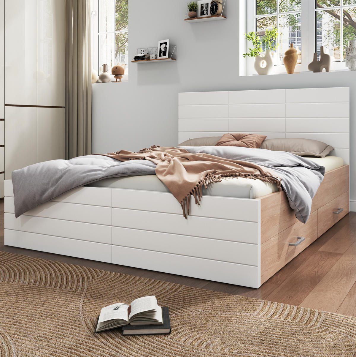 DOPPELBETT 140/200 cm Weiß und Eiche mit 2 Schubladen und Matratze aus Massivholz - Weiß, Holzwerkstoff (140/200cm) - OKWISH