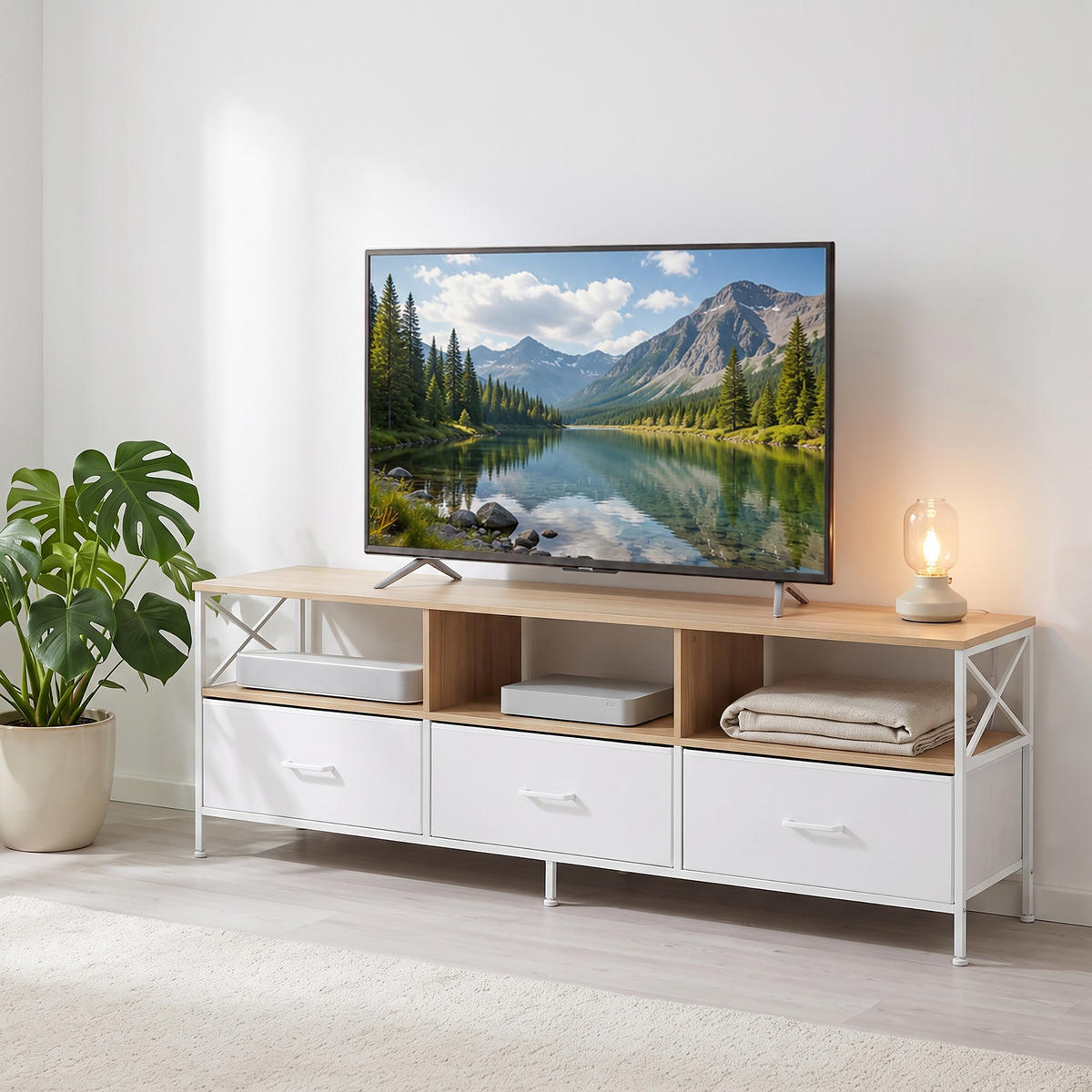 TV-LOWBOARD Holzoptik-Weiß Stoffschubladen 150 cm - Multicolor, Holzwerkstoff/Textil (147/50/40cm) - Relaxdays