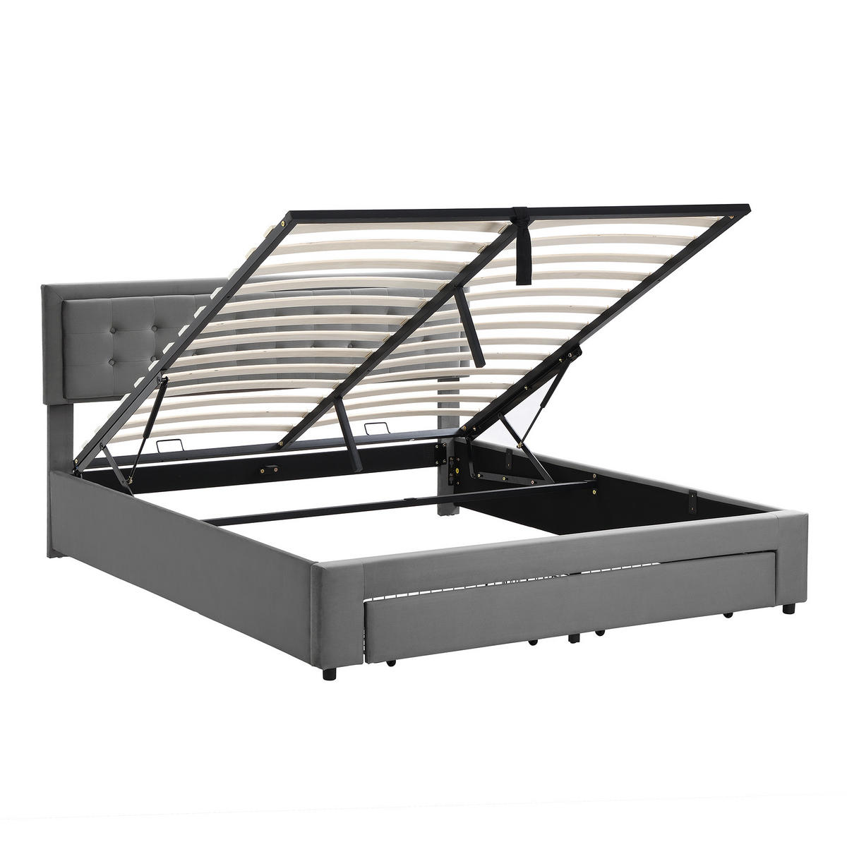 POLSTERBETT 180/200 cm Grau mit Stauraum und höhenverstellbarem Kopfteil - Grau, Textil (180/200cm) - OKWISH