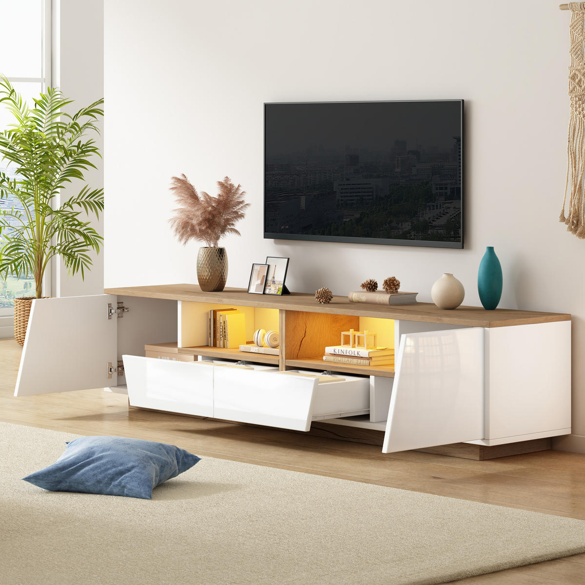 TV-SCHRANK 180/40/46 cm Weiß/Naturholz mit LED, 2 Schubladen und 2 Türen - Weiß, Holzwerkstoff (180/46/40cm) - Oxeza