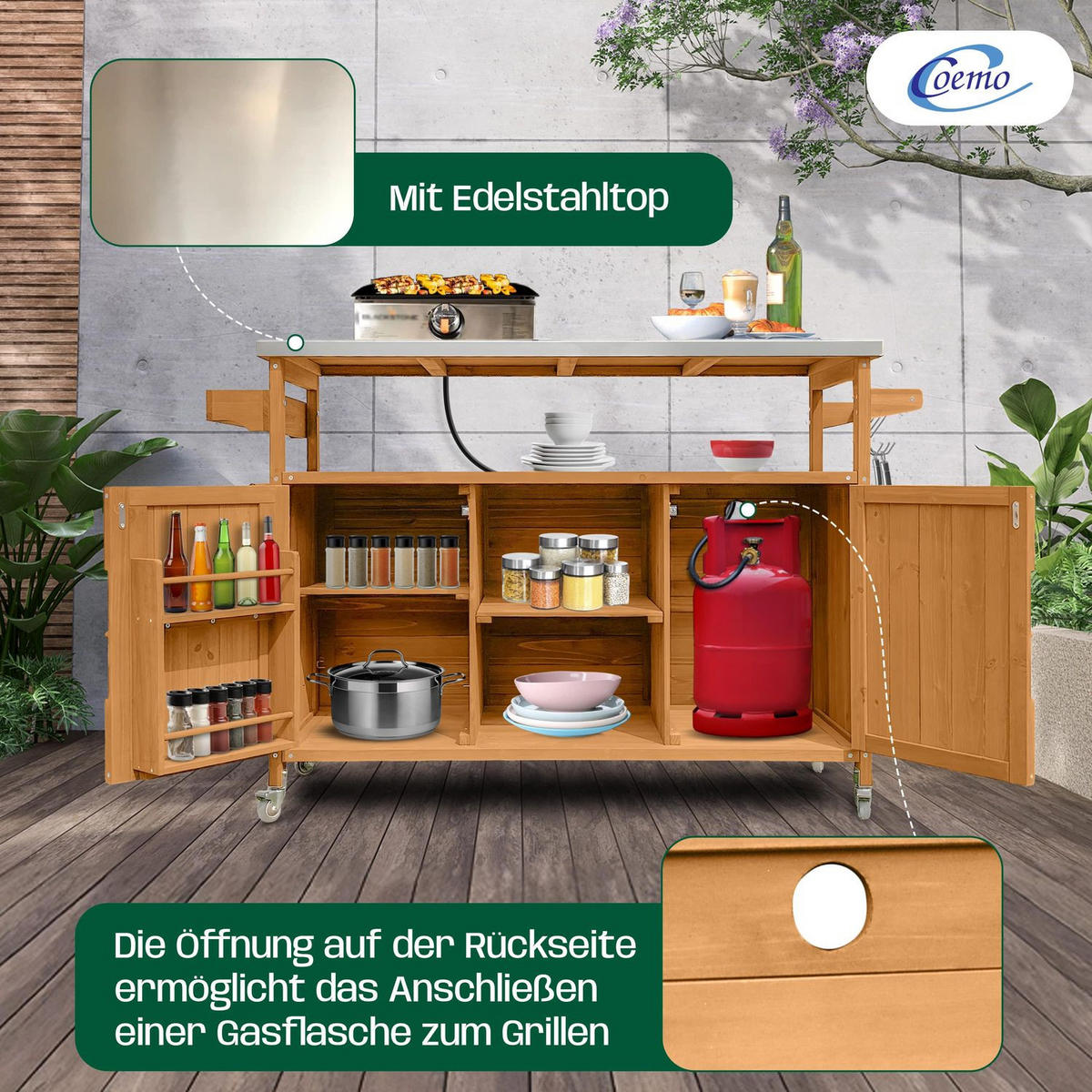 SERVIERWAGEN JAMES OUTDOOR 138/47/92 cm - Braun, Holz (47/92/138cm) - Coemo