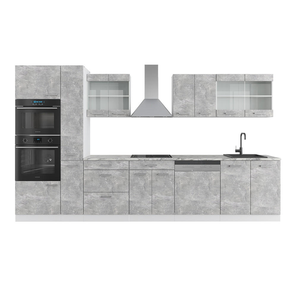 KÜCHENZEILE R-Line Beton/Weiß 350 cm mit Hochschrank, ohne AP - Schieferfarben/Weiß, Holzwerkstoff (350/81.6/46cm) - Vicco