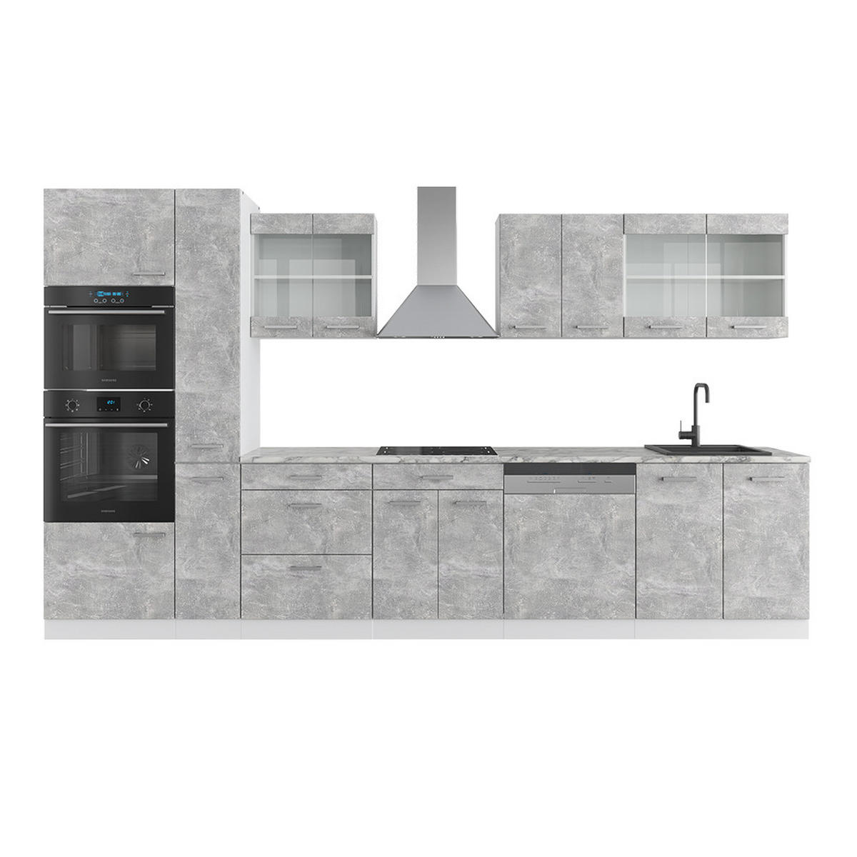 KÜCHENZEILE R-Line Beton/Weiß 350 cm mit Hochschrank, ohne AP - Schieferfarben/Weiß, Holzwerkstoff (350/81.6/46cm) - Vicco