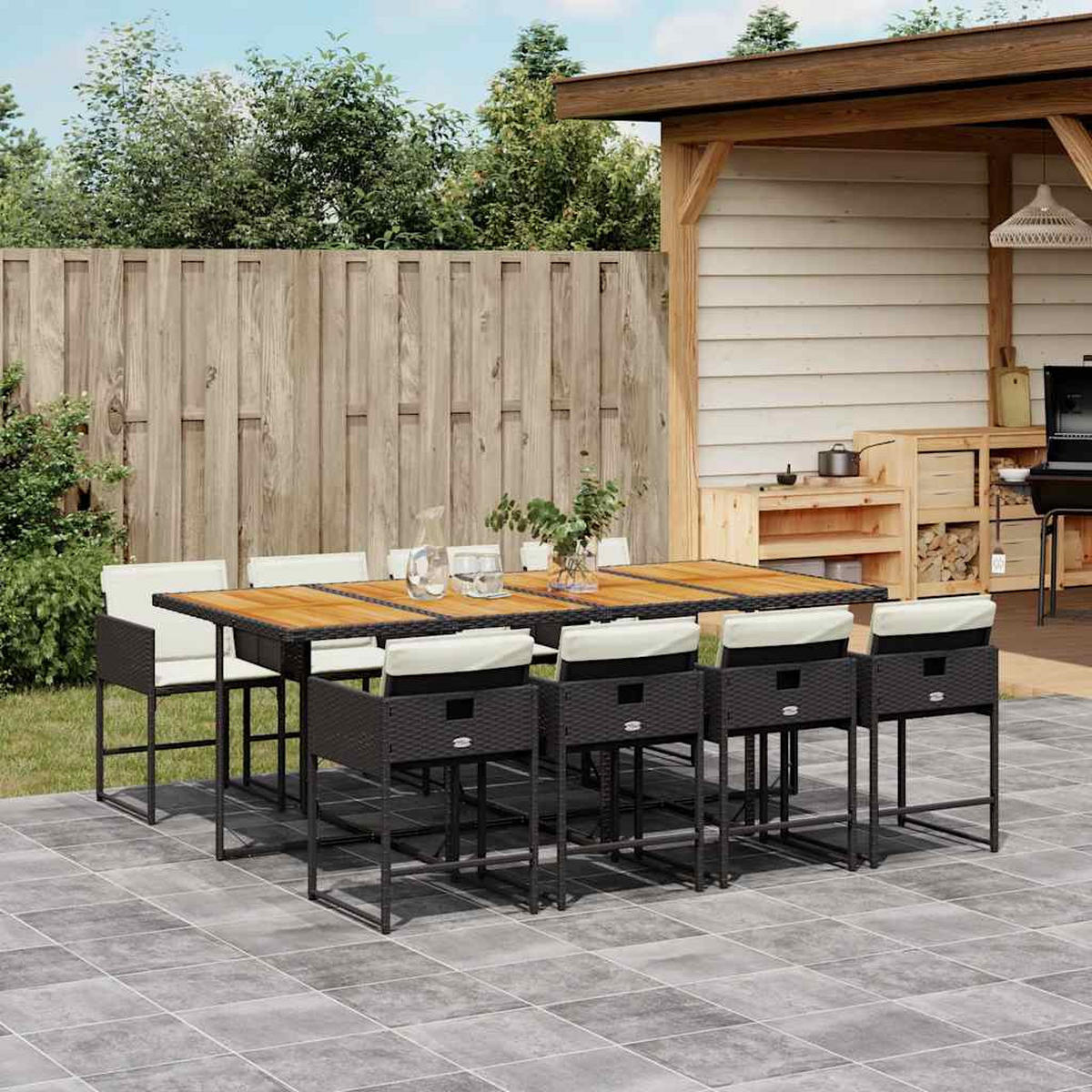 GARTEN-ESSGRUPPE 9-TLG.Mit Kissen Schwarz Poly Rattan - Creme/Schwarz, Kunststoff - vidaXL