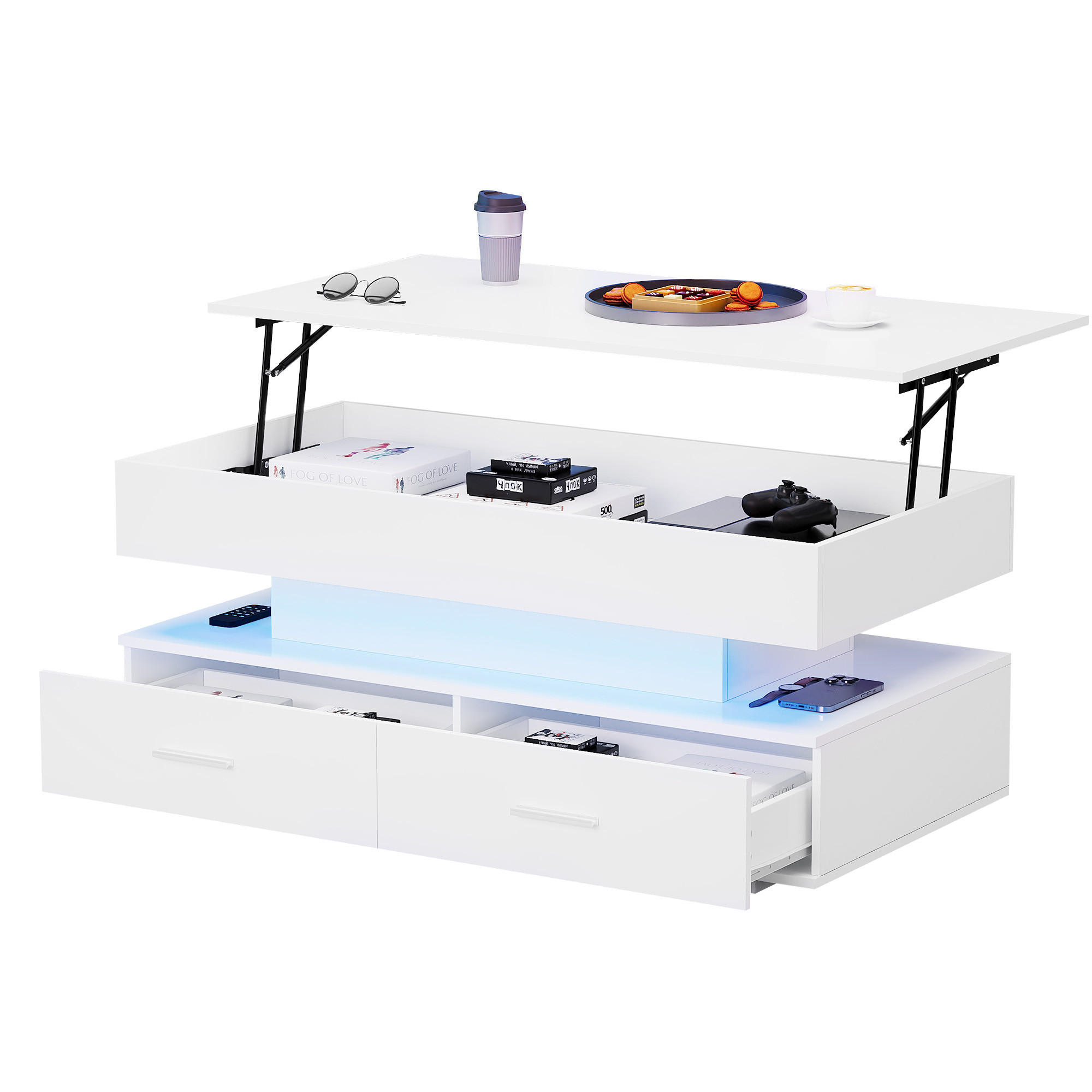 STILVORA KONFERENČNÍ STŮL bílý se zvedací deskou, úložným prostorem a LED, 100×50×44 cm