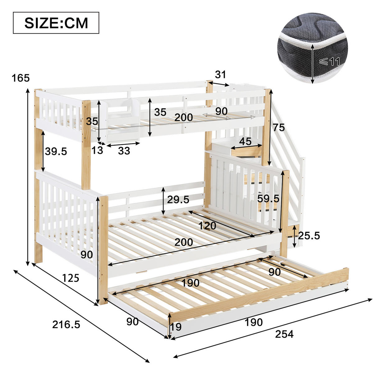 ETAGENBETT aus Kiefer und MDF 90x200/120x200 cm Weiß/Natur mit Rollbett, Stauraumtreppe und Fallschutz - Weiß, Holzwerkstoff (90/200cm) - Modfu
