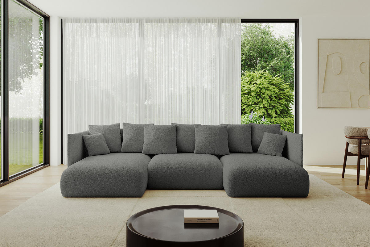 WOHNLANDSCHAFT mit Schlaffunktion und Bettkasten ONESK-U 304x165x40 Grau Bouclé - Grau, Holzwerkstoff/Kunststoff (304/90/165cm) - ALTDECOR