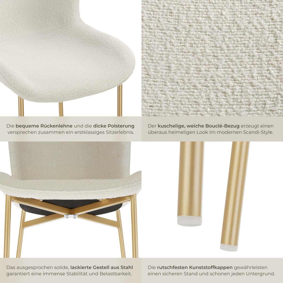 POLSTERSTUHL 4er Set Tessa 54 x 62 x 90 cm Bouclé weiß/gold - Goldfarben/Weiß, Kunststoff (54/90/62cm) - tectake