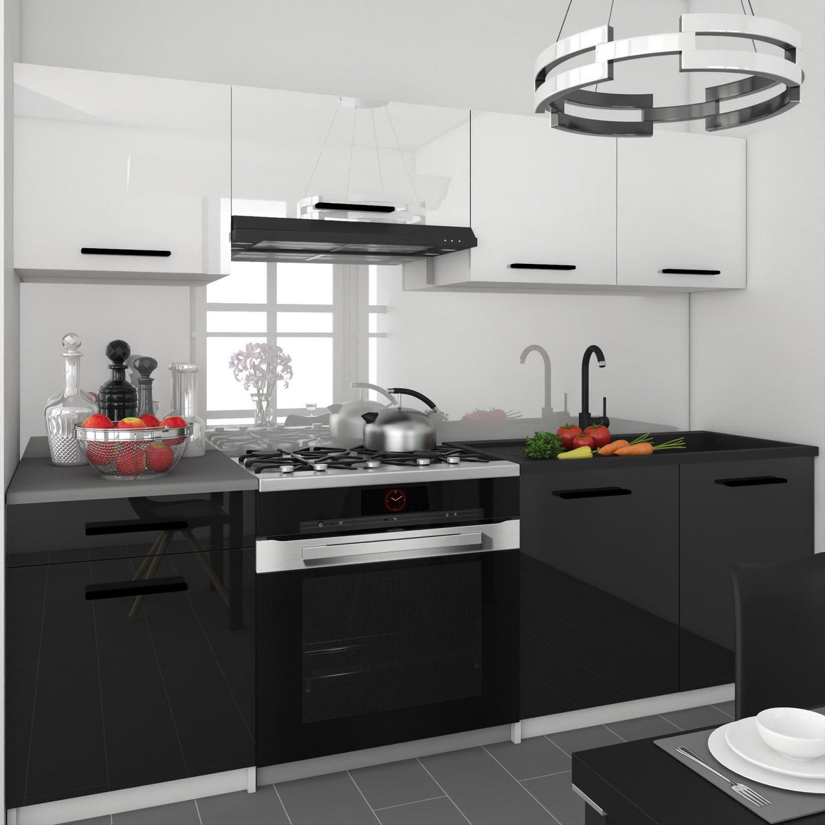 KUCHYNSKÁ linka Italia 1 180 cm, s pracovnou doskou, bielo-čierna, vysoký lesk - biela/čierna s vysokým leskom, drevo (180/143/60cm) - B BELINI GROUP
