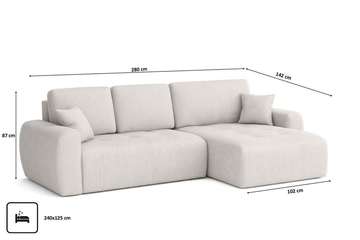 ECKSOFA Mit Schlaffunktion Und Bettkasten L-Form Ivo XL, Cordstoff Poso, Beige, Rechts - Beige, Holz (280/142cm) - Kaiser Möbel