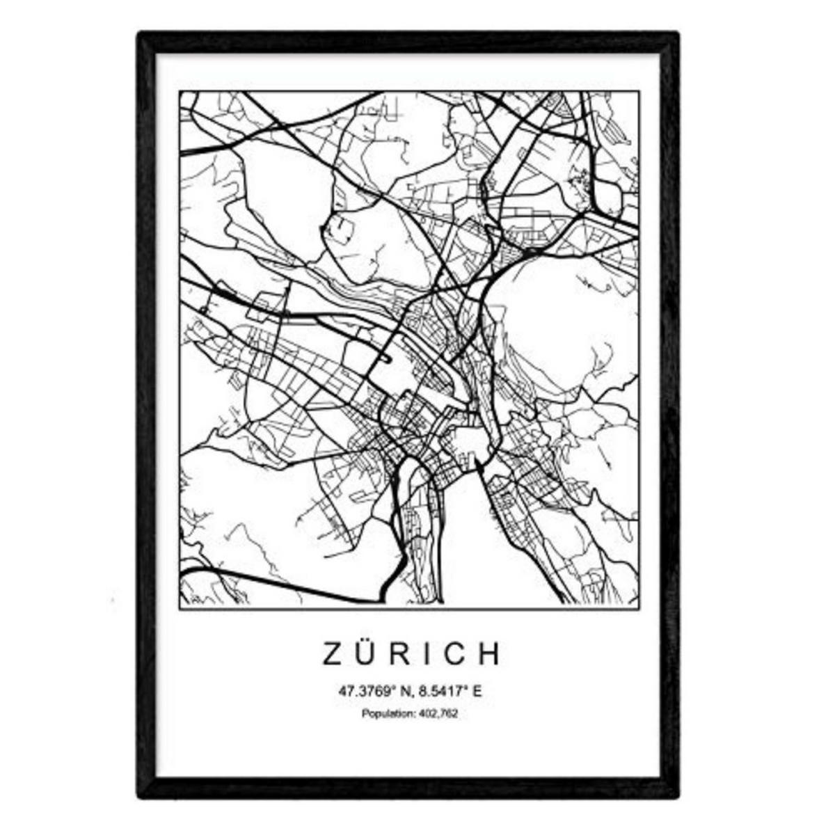 POSTER Zürich Nordischer Stil A4 Schwarzer Rahmen - Schwarz, Papier (29.7/5/21cm) - Nacnic