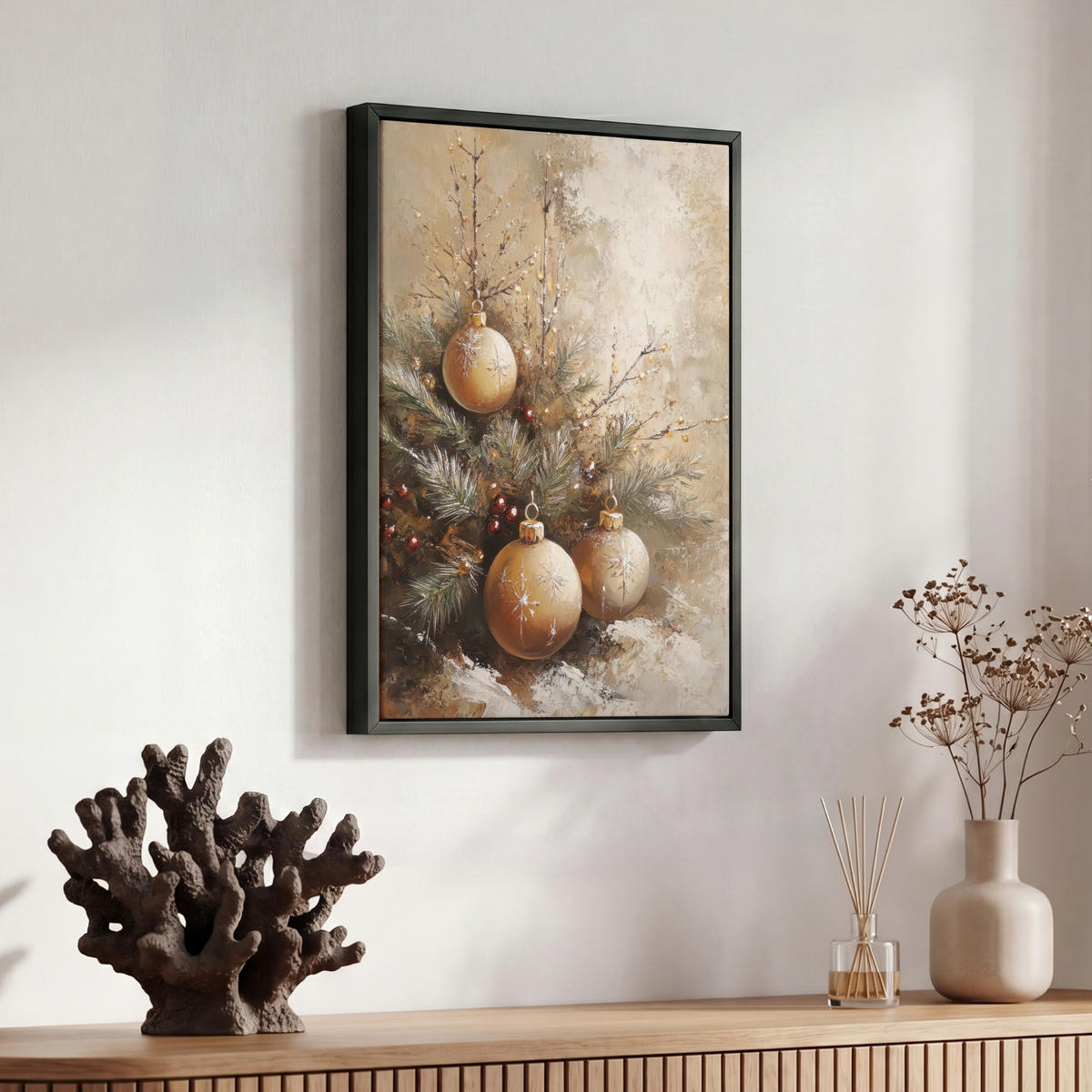 LEINWAND Bilder mit Rahmen - Weihnachten - Kugeln - Beige - Gold - 30x40 - Goldfarben, Textil (30/40cm) - MuchoWow