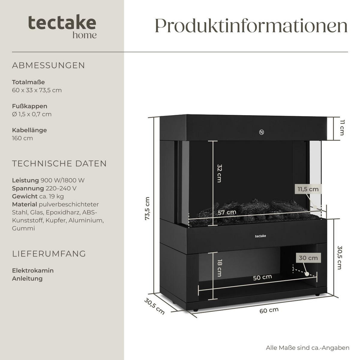 ELEKTROKAMIN Leora,integriertes Thermostat,schwarz - Schwarz, Metall (60/73.5/33cm) - tectake