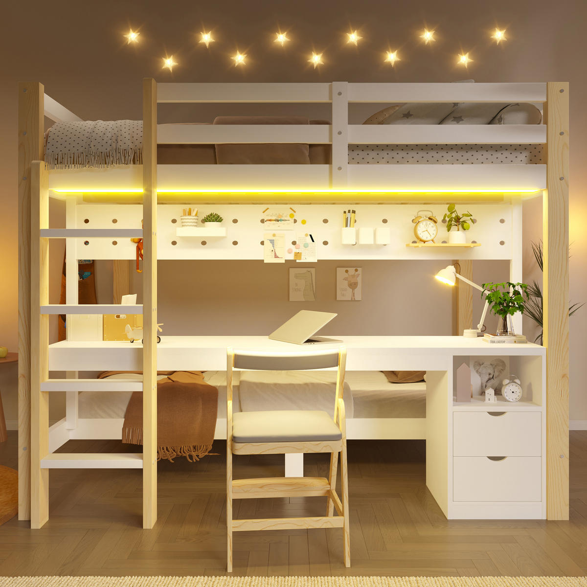 HOCHBETT 90/200 cm & 140/200 cm in Natur/Weiß mit Schubladen, Schreibtisch, Lochplatte und LED - Weiß/Naturfarben, Holz/Holzwerkstoff (140/200cm) - CHICFURN
