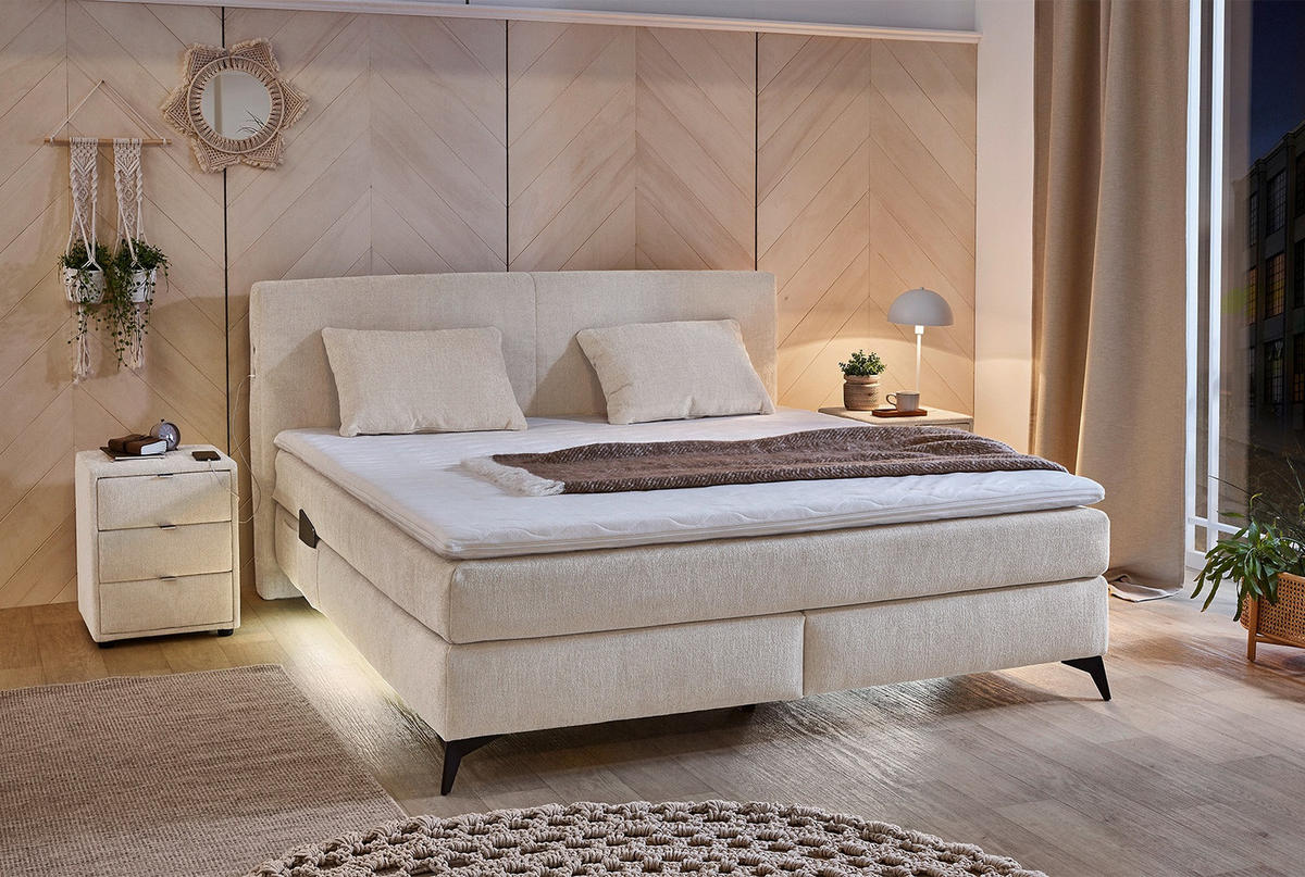 BOXSPRINGBETT 180x200 cm, 7-Zonen-Tonnentaschen-Federkernmatratzen H4, Topper, Bonell-Federkern, Beleuchtung, USB-Ladeports, Chenille Beige / 20018 - Beige/Schwarz, Textil/Metall (180/200cm) - luma-home