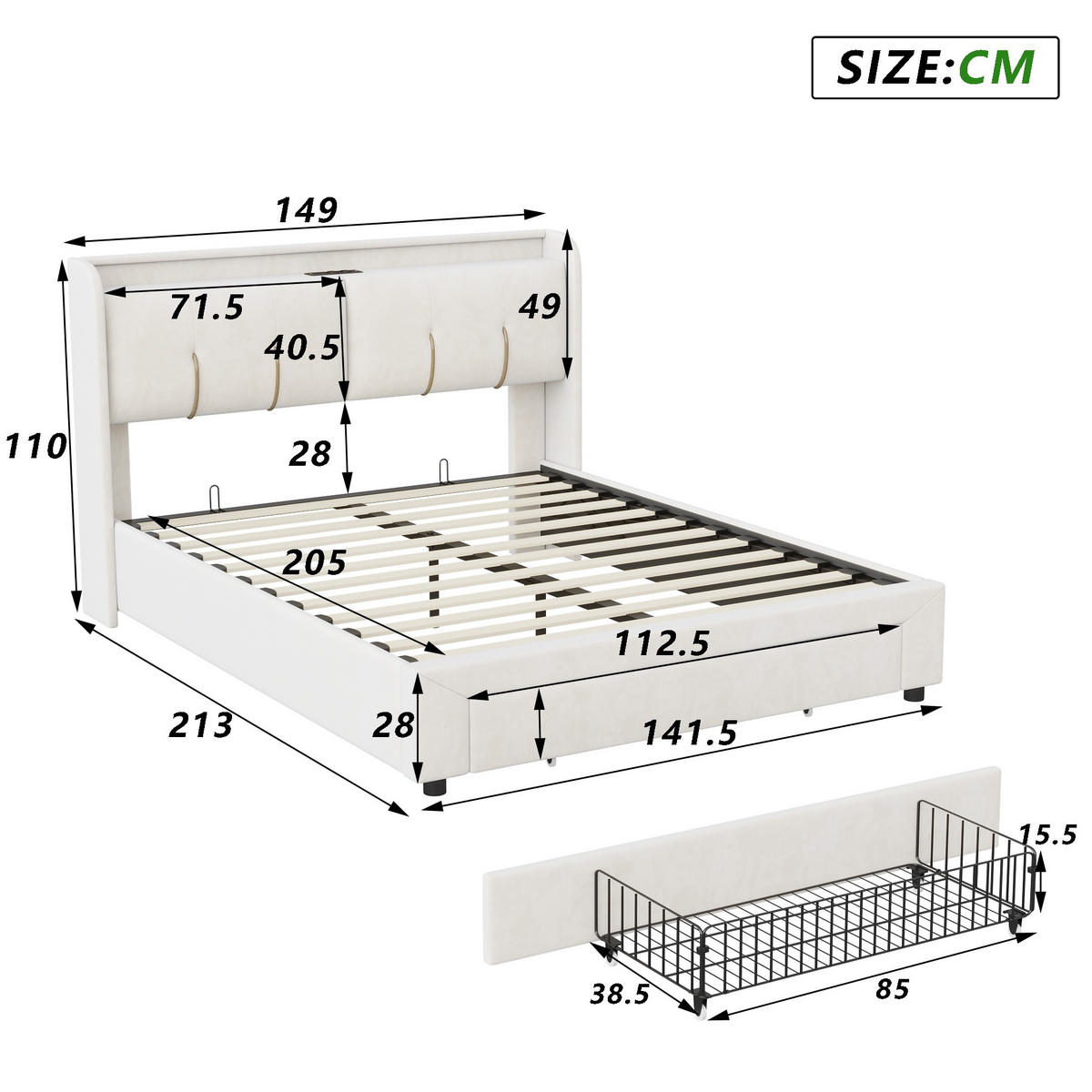 POLSTERBETT 140x200 cm Smart Storage Royale mit Hydraulik-System, LED & USB-C Ladestation, Samt, Beige - Beige, Textil (140/200cm) - DELFA