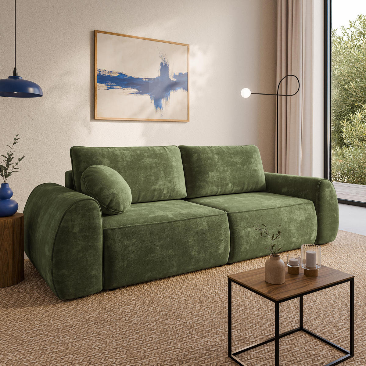 BETTSOFA ZEFEO Grün Chenille-Stoff mit Schlaffunktion - Grün, Textil (264/96/106cm) - MASSENO