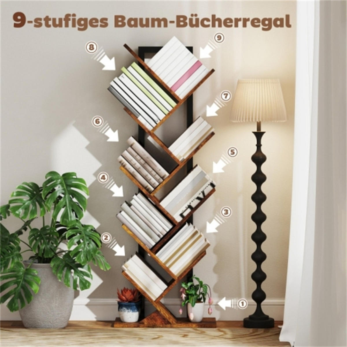 BÜCHERREGAL baumförmig, 9 Ebenen schmales Standregal rustikal braun, Maße 50 x 24 x 136 cm - Braun, Holz (50/136/24cm) - AKL FURNITURE