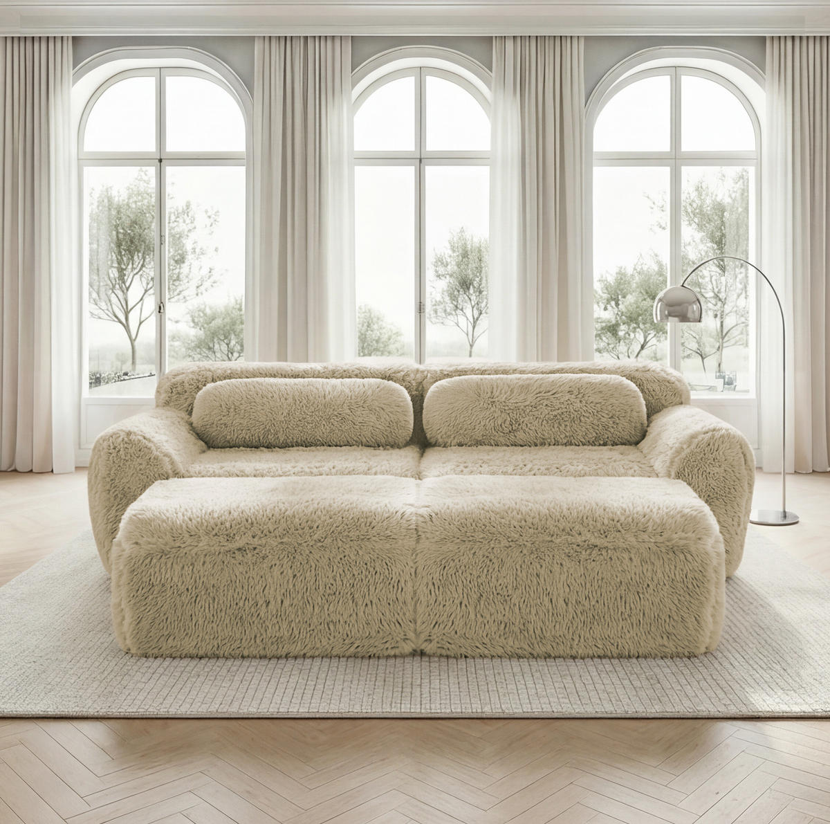 SOFA modulares 2-Sitzer mit 2 Ottomans Plüsch Light Khaki - Braun, Kunststoff (179/73/204cm) - Meubliv