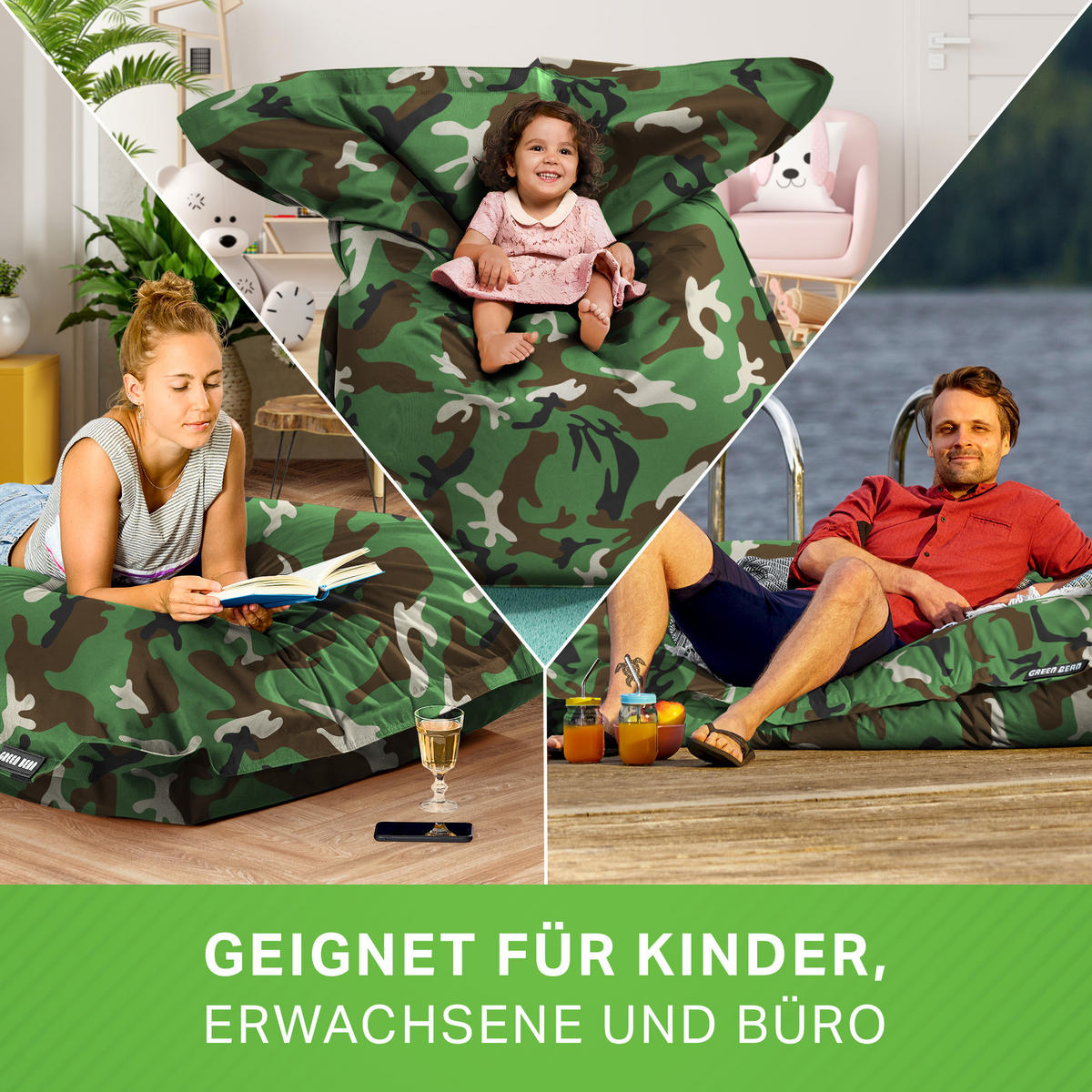 SITZSACK XXL "Square" 140x180cm - 380 L - Braun/Grün, Textil (140/25/180cm) - Green Bean