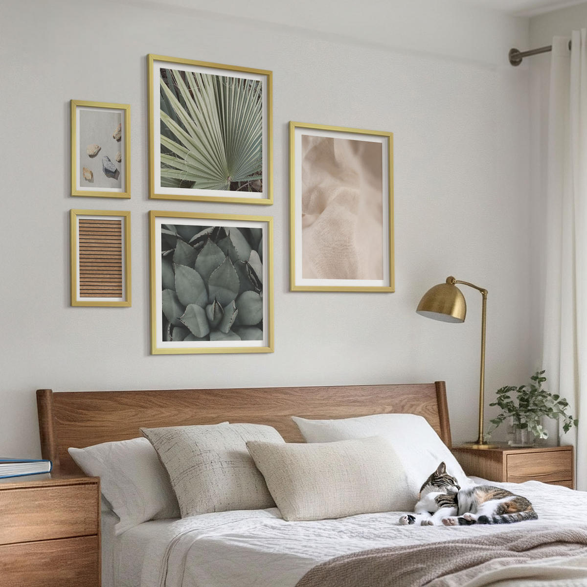 WANDBILDER 5er Set - 50x50 cm & 20x30 cm & 40x60 cm Goldrahmen - Steine, Holz, Stofftexturen - Goldfarben, Kunststoff (40/60cm) - ArtPrintCave