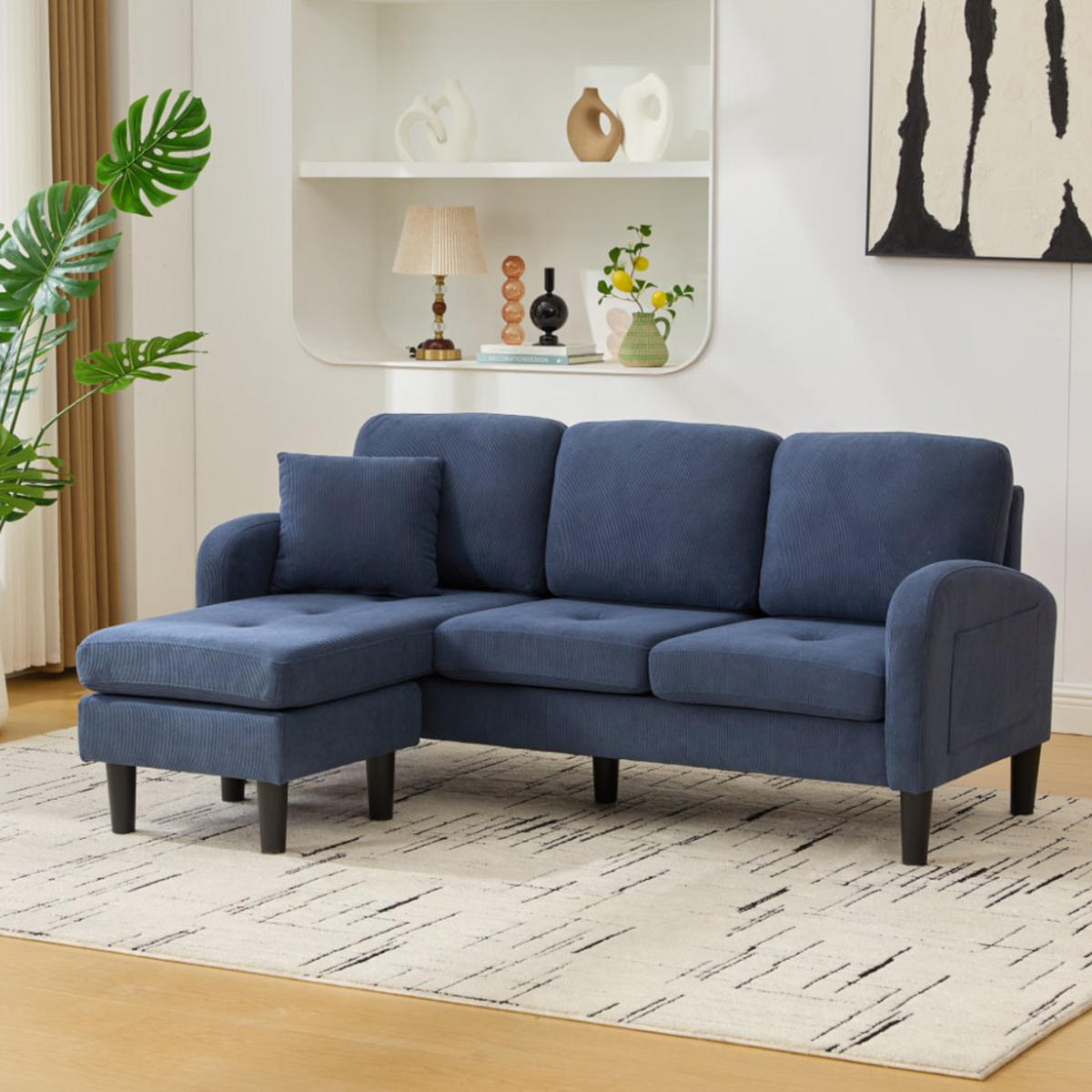 3-SITZER ECKSOFA Cord Blau - Blau, Holzwerkstoff/Kunststoff (166/118cm) - WISHDOR