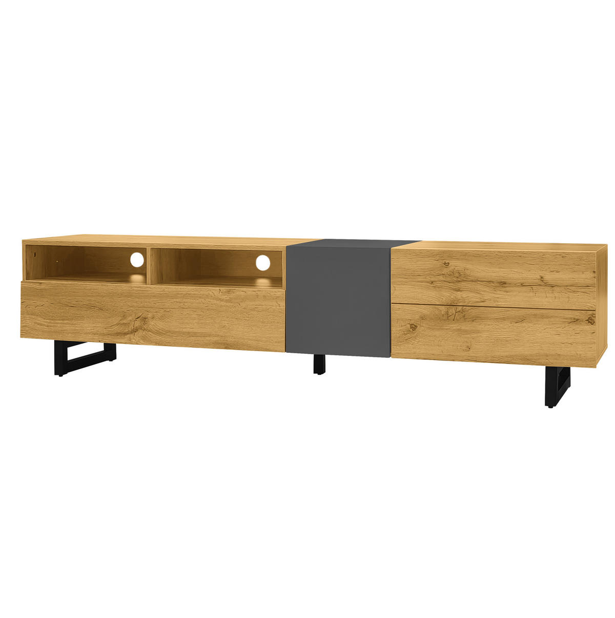 LOWBOARD 170/42/36,5 cm aus Spanplatte mit 3 Türen und 2 offenen Fächern Dunkelgrau/Natur - Naturfarben, Holzwerkstoff (170/42/36.5cm) - Modenvie