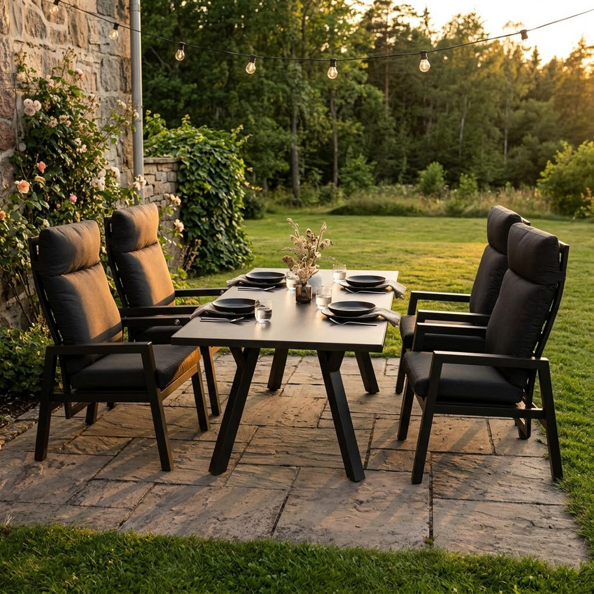 GARTEN-GARNITUR Reading - Essgruppe 5-teilig (4x Hochlehner Sessel mit Armlehnen, 1x Tisch 180x90cm), Gestell Aluminium dunkelgrau - Grau, Metall - TPFGarden