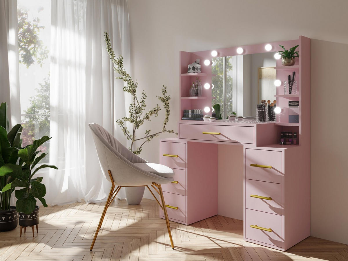 SCHMINKTISCH Star Pink, mit Spiegel und Beleuchtung - Pink/Rosa, Glas/Holzwerkstoff (110/140/40cm) - Bettso