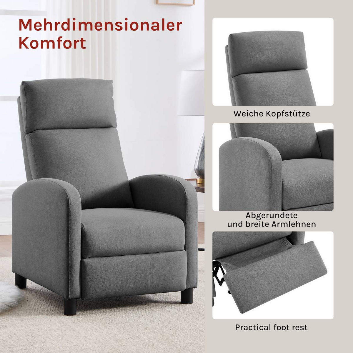 RELAXSESSEL mit Liegefunktion, Leinen , Dunkelgrau - Dunkelgrau/Schwarz, Textil/Metall (65.5/102/89cm) - Woltu