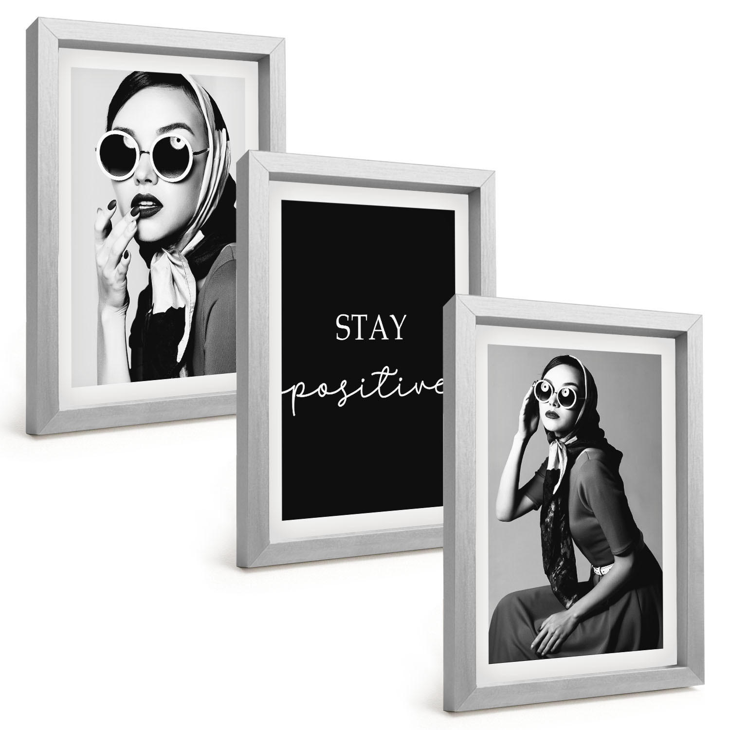BILDER SET 3er Set - 20x30 cm Silberner Rahmen - Stilvolle Porträts von Frauen mit Brille - Silberfarben, Kunststoff (20/30cm) - TULUP